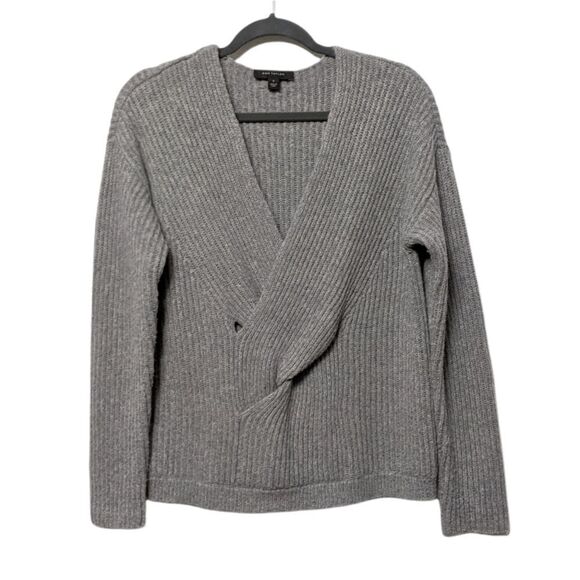ANN TAYLOR Gray Ribbed Wrap Knit Wool Alpaca Jumper Sweater M - Picture 2 of 7